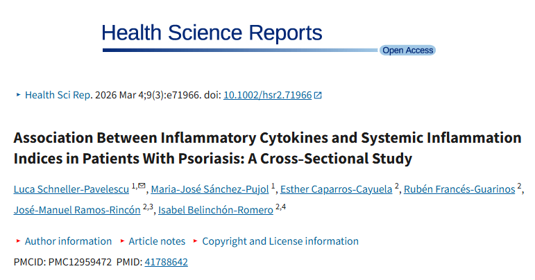 Artículo «Association Between Inflammatory Cytokines and Systemic Inflammation Indices in Patients With Psoriasis: A Cross‐Sectional Study»